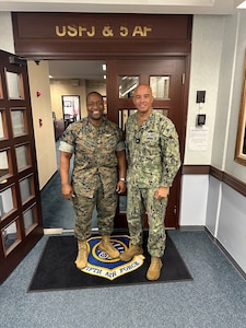 RDML Bresnihan (right) meets with U.S. Forces Japan Deputy Commander Marine Corps Brig. Gen. Kevin Gallman to discuss ways DLA Energy can enhance their logistics support efforts.