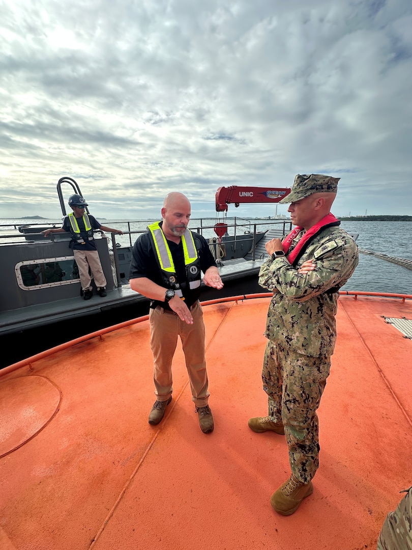 RDML Bresnihan inspects a Single Point Mooring and receives operational details about its role in supporting warfighters’ fuel requirements in Japan.