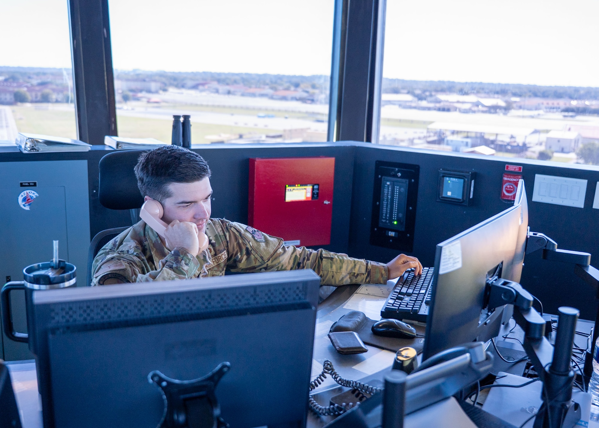 U.S. Air Force Senior Airman Logan Jarrett, 42d Operations Support Squadron air traffic control specialist, conducts an airfield check at Maxwell Air Force Base, Alabama, Oct. 22, 2025.