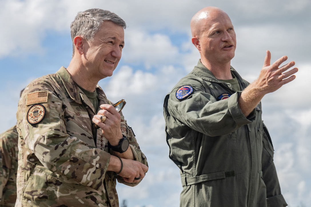 Chairman of the Joint Chiefs of Staff Gen. Dan Caine receives a tour from the commanding officer of Marine Fighter Attack Squadron (VMFA) 225, U.S. Marine Corps Forces, South, at Jose Aponte de la Torre Airport in Ceiba, Puerto Rico, Nov. 24, 2025. U.S. military forces are deployed to the Caribbean in support of the U.S. Southern Command mission, Department of War-directed operations, and the president’s priorities to disrupt illicit drug trafficking and protect the homeland. (U.S. Marine Corps photo)