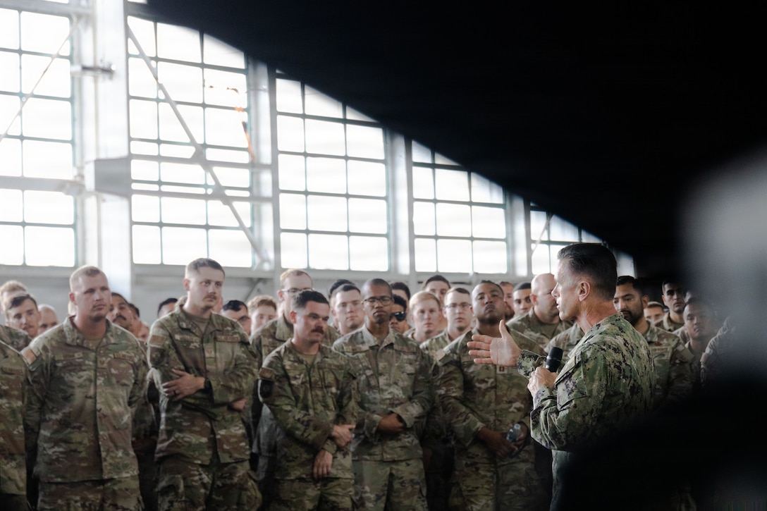 Senior Enlisted Advisor to the Chairman David L. Isom speaks to U.S. Marines with Marine Fighter Attack Squadron (VMFA) 225, U.S. Marine Corps Forces, South, and U.S. Airmen with the 346th Air Expeditionary Wing at Jose Aponte de la Torre Airport in Ceiba, Puerto Rico, Nov. 24, 2025. U.S. military forces are deployed to the Caribbean in support of the U.S. Southern Command mission, Department of War-directed operations, and the president’s priorities to disrupt illicit drug trafficking and protect the homeland. (U.S. Marine Corps photo)