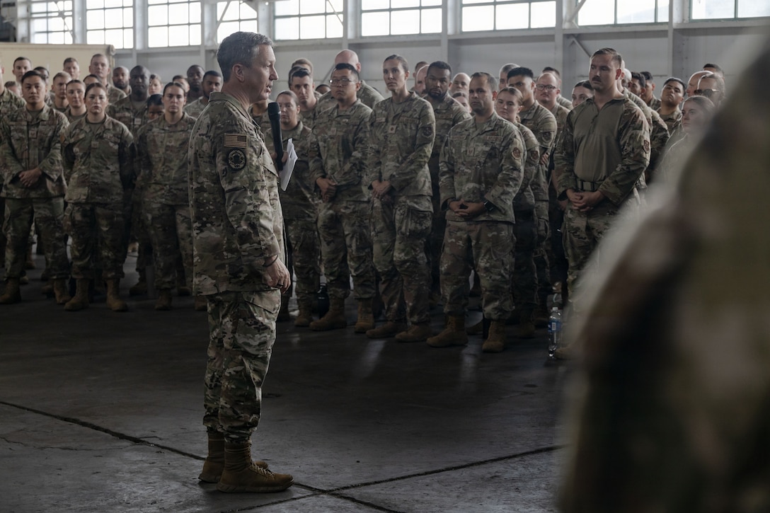 Chairman of the Joint Chiefs of Staff Gen. Dan Caine speaks to U.S. Marines with Marine Fighter Attack Squadron (VMFA) 225, U.S. Marine Corps Forces, South, and U.S. Airmen with the 346th Air Expeditionary Wing at Jose Aponte de la Torre Airport in Ceiba, Puerto Rico, Nov. 24, 2025. U.S. military forces are deployed to the Caribbean in support of the U.S. Southern Command mission, Department of War-directed operations, and the president’s priorities to disrupt illicit drug trafficking and protect the homeland. (U.S. Marine Corps photo)