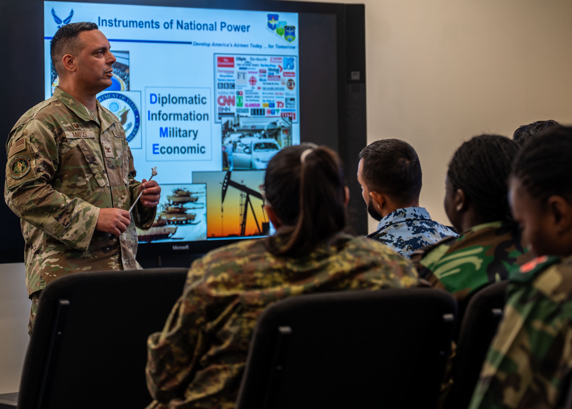 U.S. Air Force Col. Pedro E. Matos, International Officer School commandant, conducts a preparatory course lecture for IOS students at Maxwell Air Force Base, Ala., Oct. 22, 2025.
