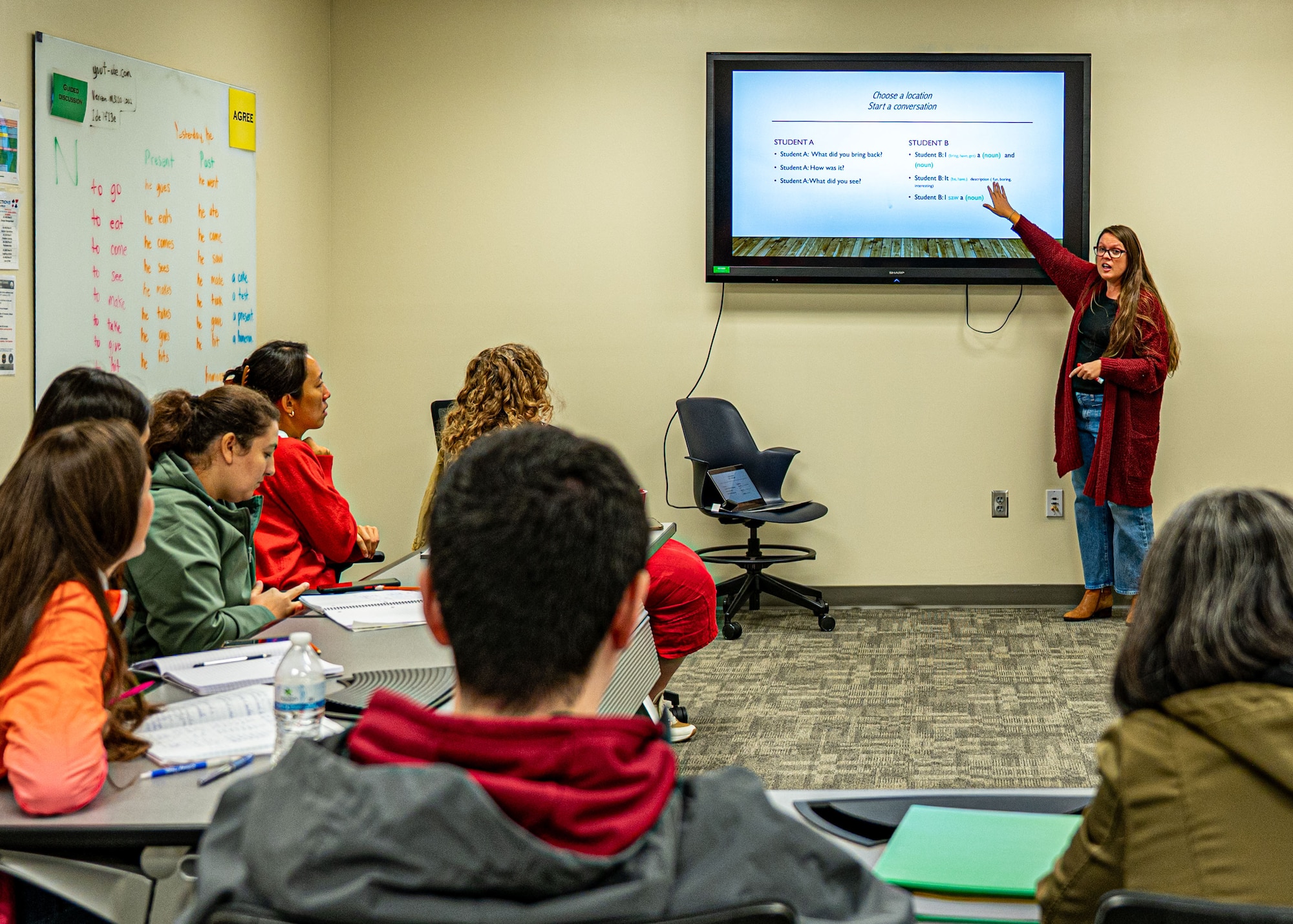 Sarah Whiddon, International Dependents English Course instructor, leads an english language training at Maxwell Air Force Base, Alabama, Oct. 28, 2025.