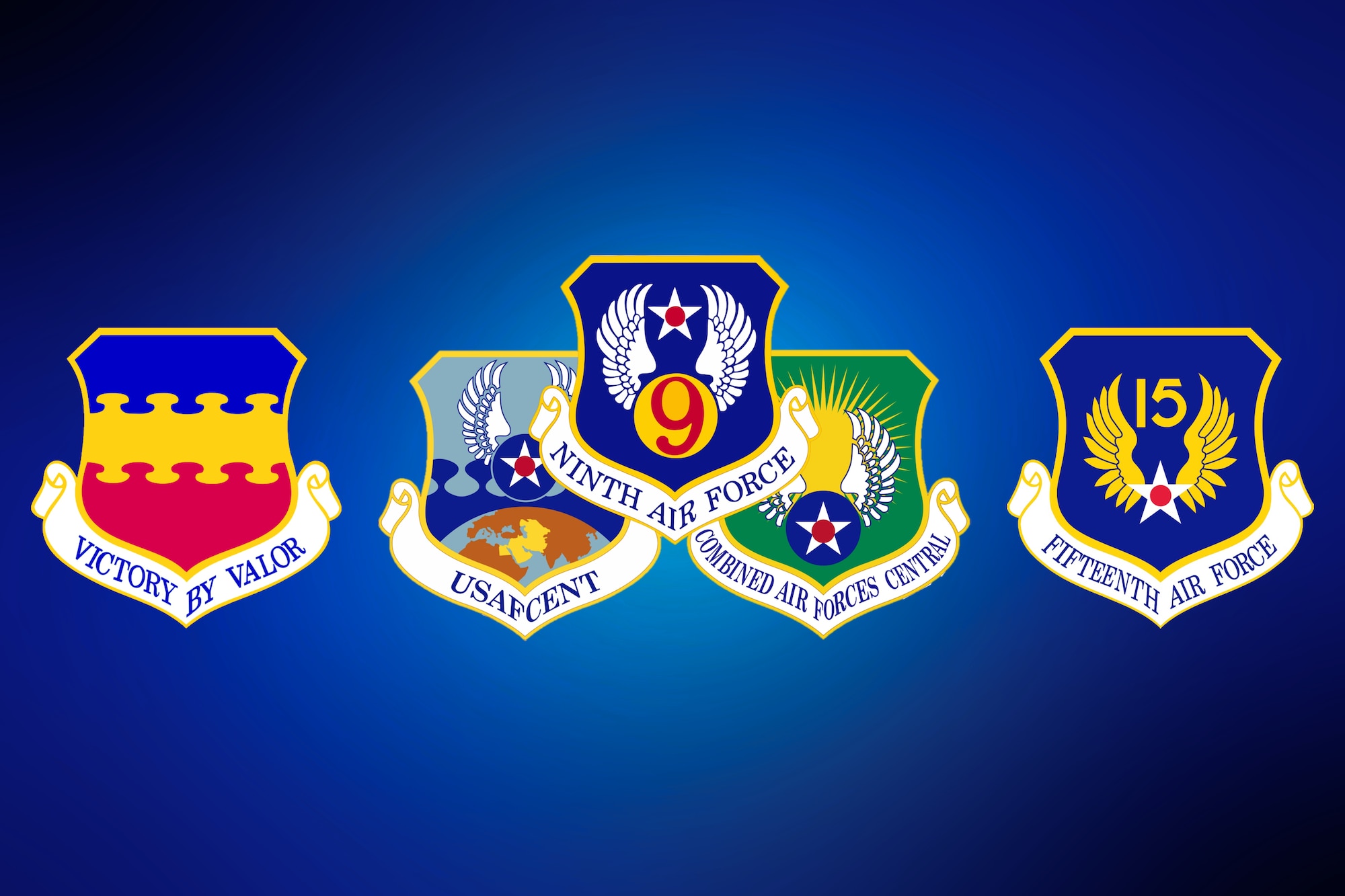 The command shields for the 20th Fighter Wing, 9th Air Force, U.S. Air Forces Central Command, Combined Air Forces Central, and 15th AF are displayed against a white, blue and black background.
