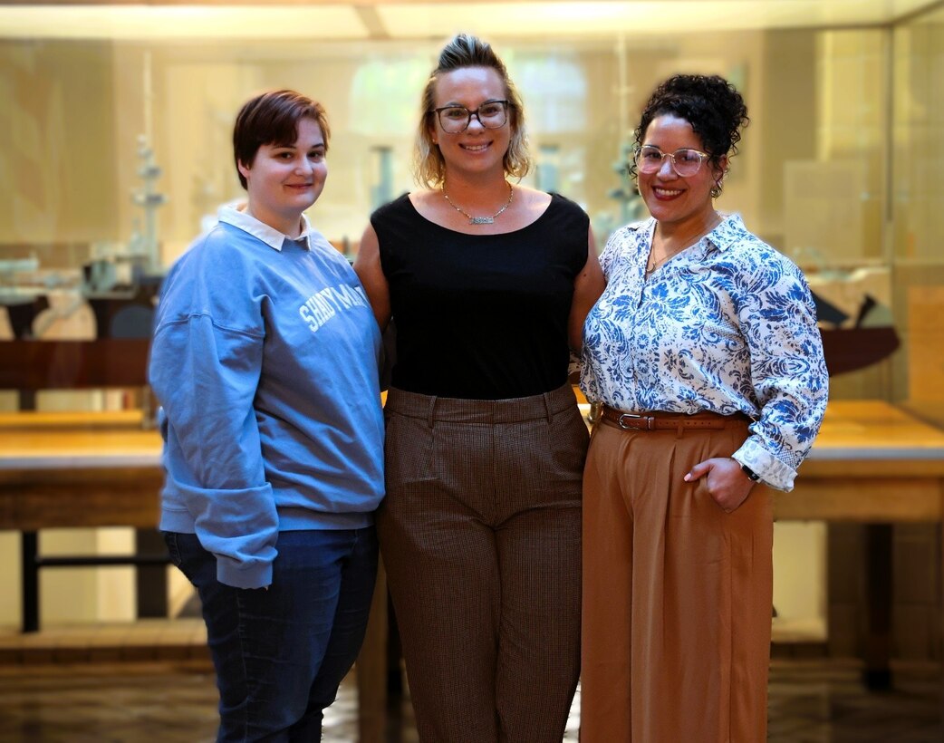 The Naval Surface Warfare Center, Philadelphia Division (NSWCPD) Industrial Trades Recruitment Expansion Team recently received the 2024 Department of the Navy Human Resources Community Award for Excellence in the Team Impact category for its exceptional work. From left to right: Stephanie Thomas, Alicia D’Orazio, Victoria Gonzalez. Award recipients not pictured: Mary Ditroia (U.S. Navy photo by Spc. Najee Tate-Milton)