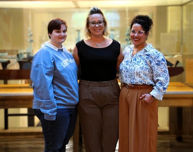 The Naval Surface Warfare Center, Philadelphia Division (NSWCPD) Industrial Trades Recruitment Expansion Team recently received the 2024 Department of the Navy Human Resources Community Award for Excellence in the Team Impact category for its exceptional work. From left to right: Stephanie Thomas, Alicia D’Orazio, Victoria Gonzalez. Award recipients not pictured: Mary Ditroia (U.S. Navy photo by Spc. Najee Tate-Milton)