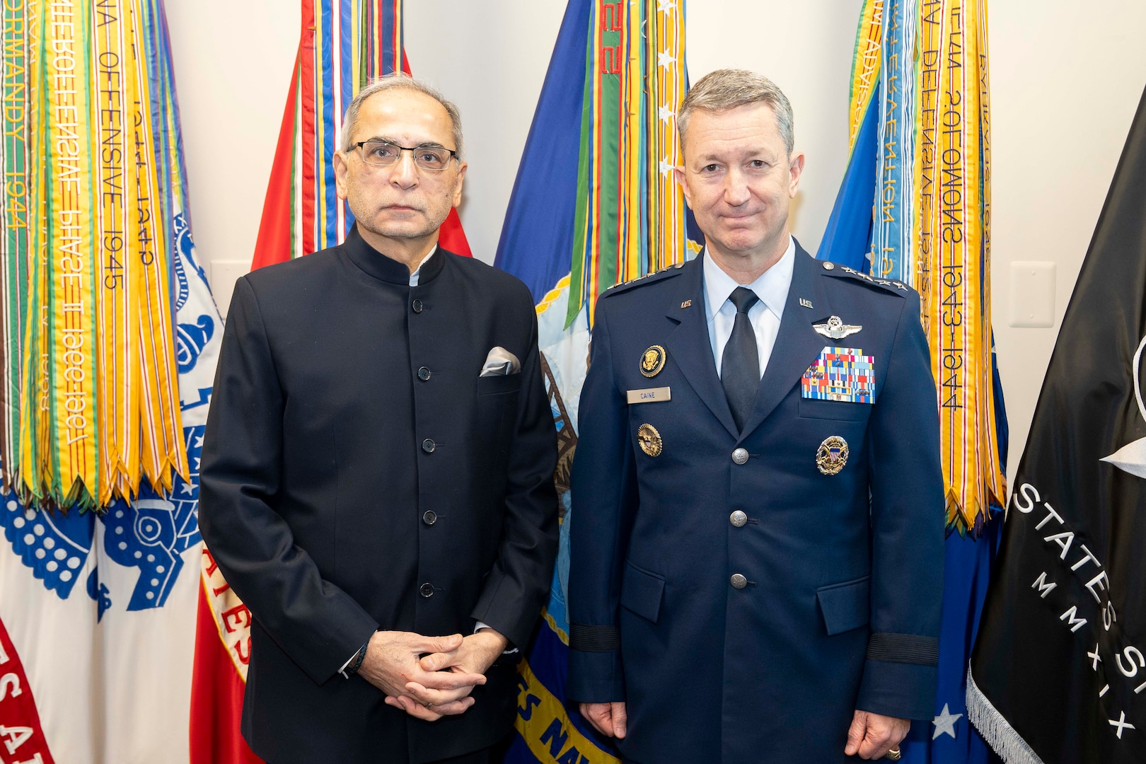 Chairman of the Joint Chiefs of Staff Gen. Dan Caine meets with the Ambassador of India to the United States Ambassador Vinay Mohan Kwatra