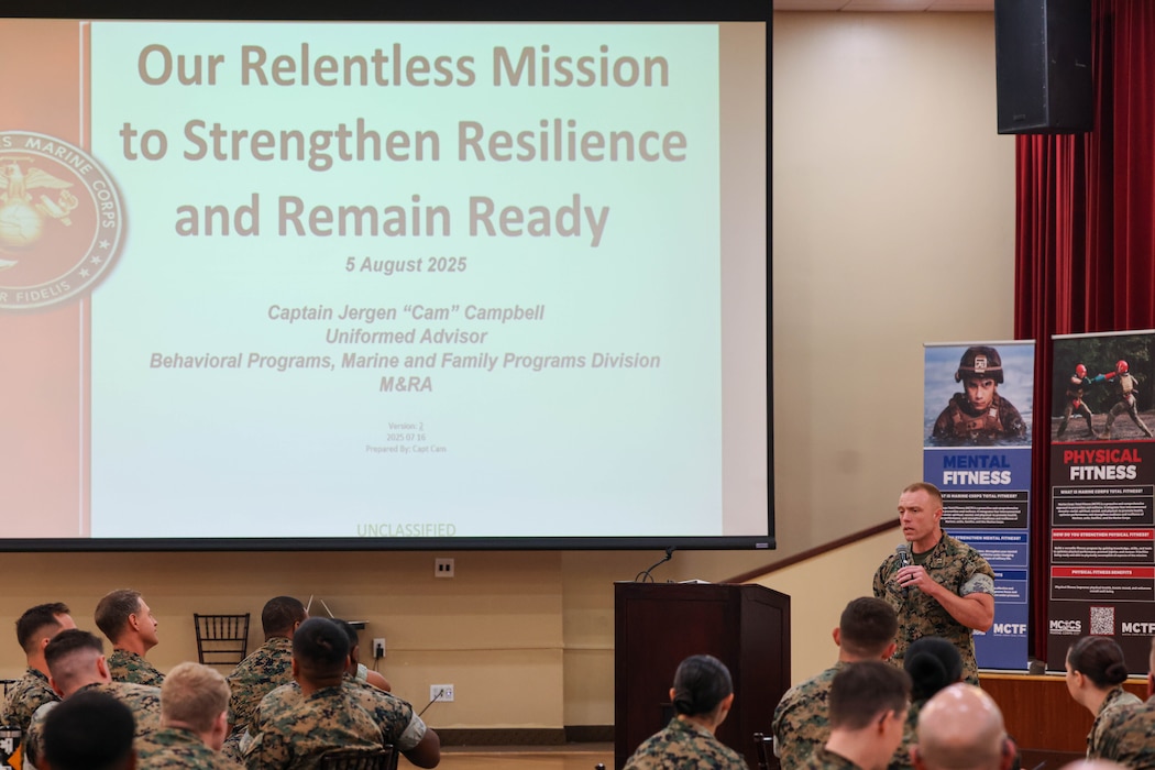U.S. Marine Corps Capt. Jergen Campbell, uniformed advisor with the Marine and Family Program Division, Marine Corps Base Quantico, speaks about resilience at the 2025 Suicide Prevention and Response Independent Review Committee implementation trainings at Marine Corps Base Camp Pendleton, California, Aug. 5, 2025.