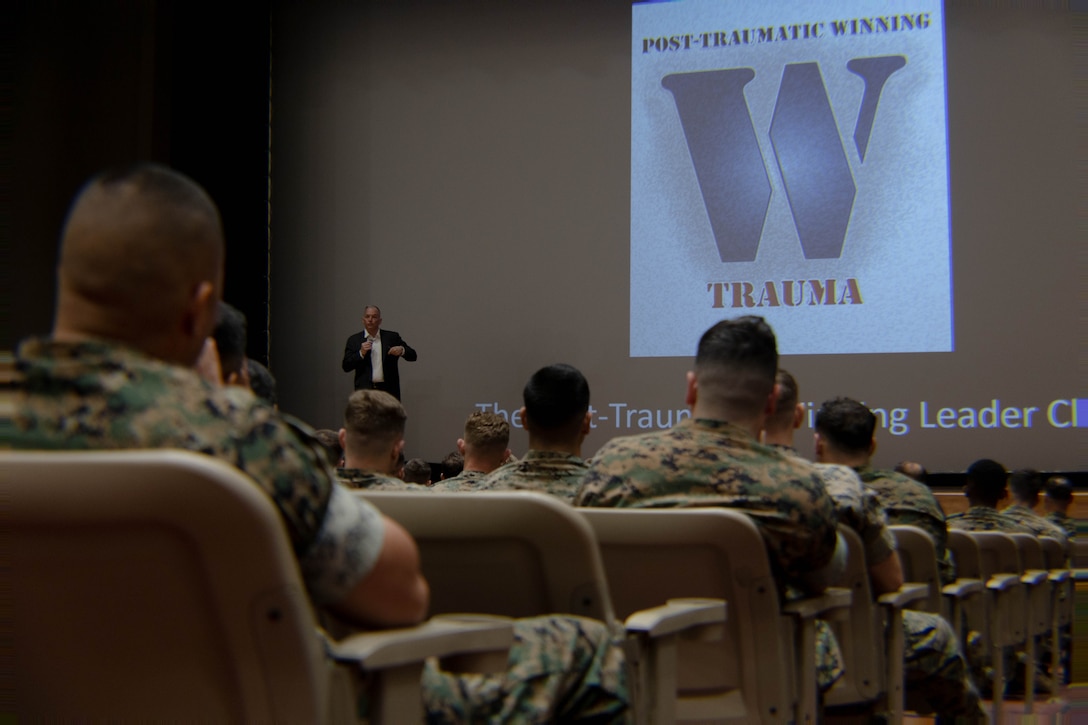 Retired U.S. Marine Corps Maj. Michael McNamara, creator of the Post-Traumatic Winning concept, teaches I Marine Expeditionary Force leaders how to address the topic of mental health with their Marines at Marine Corps Base Camp Pendleton, California, March 11, 2025. The Post-Traumatic Winning training will be held at West Coast installations throughout March and April to equip I MEF leaders with perspectives and techniques that support the total fitness of their Marines and Sailors. McNamara is a native of California. (U.S. Marine Corps photo by Cpl. Brian Knowles)