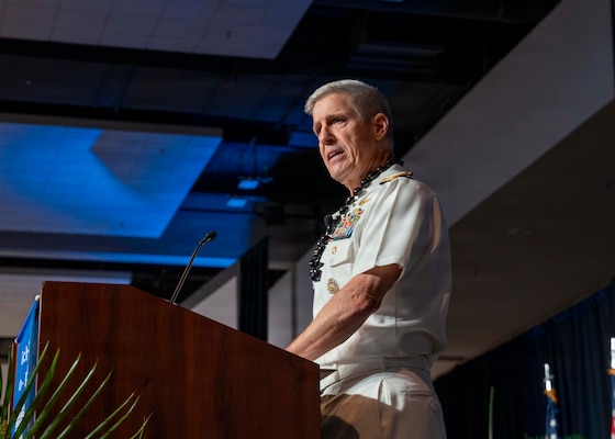 Adm. Steve Koehler, commander, U.S. Pacific Fleet, delivers a keynote address at TechNet Indo-Pacific 2025 in Honolulu, Oct. 28, 2025. The event, co-hosted by the Armed Forces Communications and Electronics Association (AFCEA) International and AFCEA Hawaii, focuses on new and complex challenges facing a joint multi-domain environment, emerging and evolving technology capabilities, and the potential impact of regional defense issues on industry and government with an emphasis on varied perspectives from across the region. (U.S. Navy photo by Mass Communication Specialist 2nd Class Christopher Sypert)