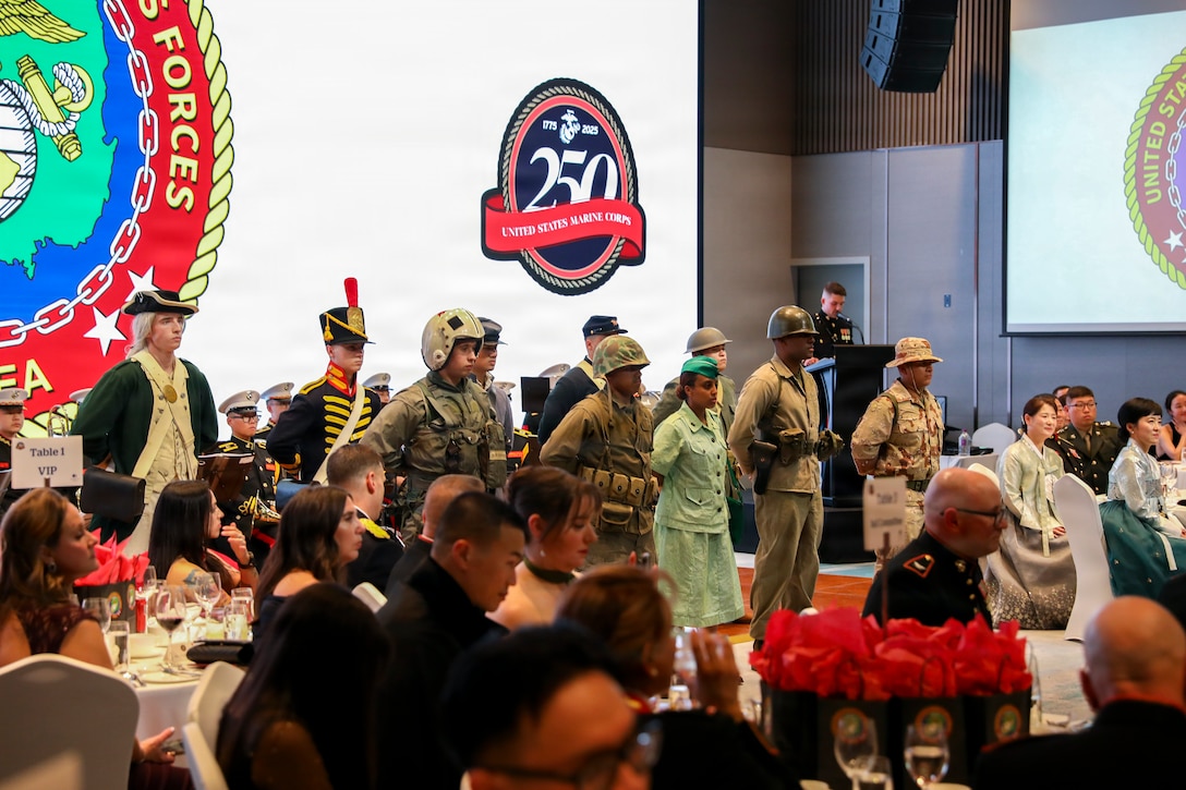 U.S. Marines with Camp Mujuk, Marine Corps Installations Pacific, model Marine Corps historical uniforms during MARFORK’s 250th Marine Corps birthday ball in Seoul, South Korea, Nov. 21, 2025. Founded on November 10, 1775, the United States Marine Corps has served our nation honorably in every clime and place for 250 years. Throughout 2025, Marines across the globe will celebrate the 250th birthday of the Corps, commemorating service, sacrifice, and priding themselves on living ‘Semper Fidelis’ or ‘Always Faithful’ to their nation and to each other. (U.S. Army photo by PFC Oh Dong)