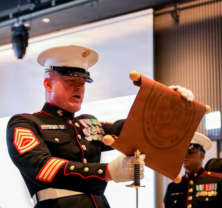 U.S. Gunnery Sgt. Christopher E. Merchant, a manpower chief with United States Marine Corps Forces, Korea, reads Gen. John A. Lejeune’s birthday message during MARFORK’s 250th Marine Corps birthday ball in Seoul, South Korea, Nov. 21, 2025.  Founded on November 10, 1775, the United States Marine Corps has served our nation honorably in every clime and place for 250 years. Throughout 2025, Marines across the globe will celebrate the 250th birthday of the Corps, commemorating service, sacrifice, and priding themselves on living ‘Semper Fidelis’ or ‘Always Faithful’ to their nation and to each other. (U.S. Army photo by PFC Oh Dong)