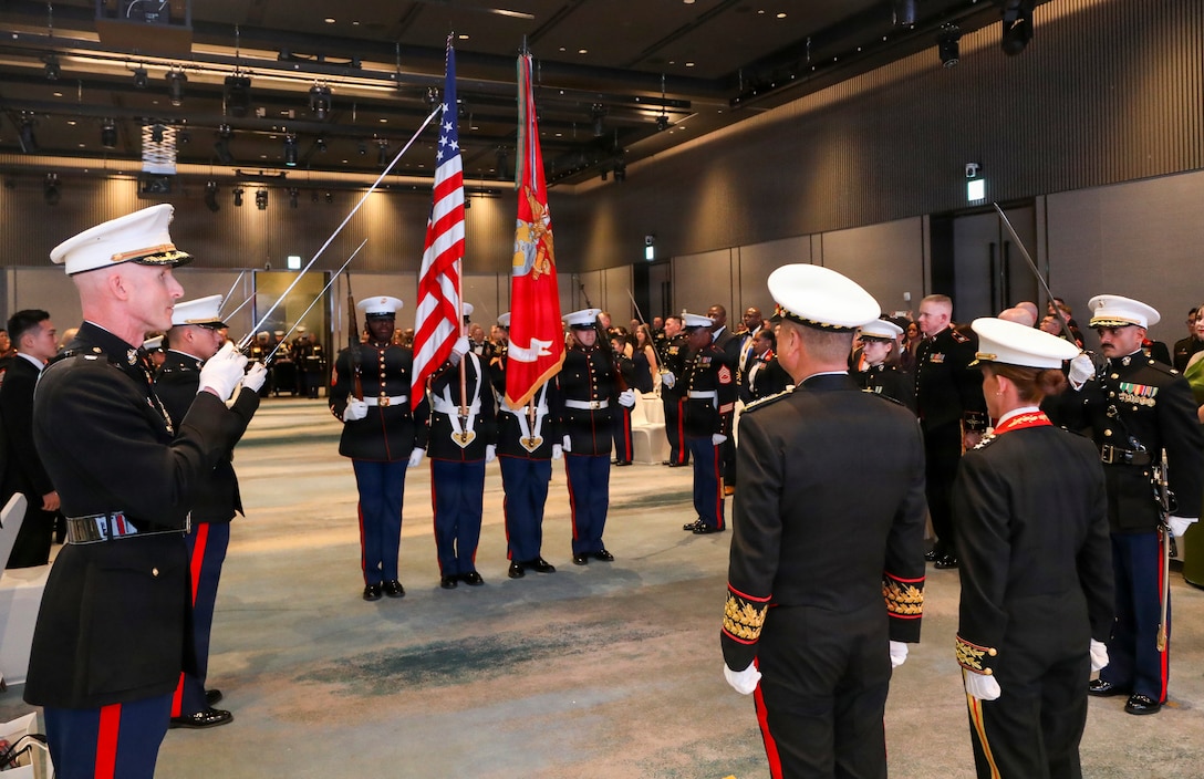 Republic of Korea Marine Corps Lt. Gen. Ju Il-Suk, Commandant of the ROK Marine Corps and the guest of honor, left, and U.S. Marine Corps Maj. Gen. Valerie A. Jackson, commander of United States Marine Corps Forces, Korea, stand at attention during the march on of the national colors at MARFORK’s 250th Marine Corps birthday ball in Seoul, South Korea, Nov. 21, 2025. Founded on November 10, 1775, the United States Marine Corps has served our nation honorably in every clime and place for 250 years. Throughout 2025, Marines across the globe will celebrate the 250th birthday of the Corps, commemorating service, sacrifice, and priding themselves on living ‘Semper Fidelis’ or ‘Always Faithful’ to their nation and to each other. (U.S. Army photo by PFC Oh Dong)