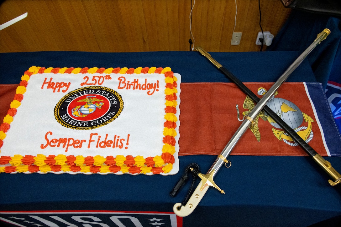 The ceremonial cake is staged during a U.S Marine Corps 250th birthday cake cutting ceremony at United Service Organizations on USAG Camp Humphrey’s, South Korea, Nov. 7, 2025. Founded on November 10, 1775, the United States Marine Corps has served our nation honorably in every clime and place for 250 years. Throughout 2025, Marines across the globe will celebrate the 250th birthday of the Corps, commemorating service, sacrifice, and priding themselves on living ‘Semper Fidelis’ or ‘Always Faithful’ to their nation and to each other. (U.S. Marine Corps photo by Cpl. Simon Saravia)