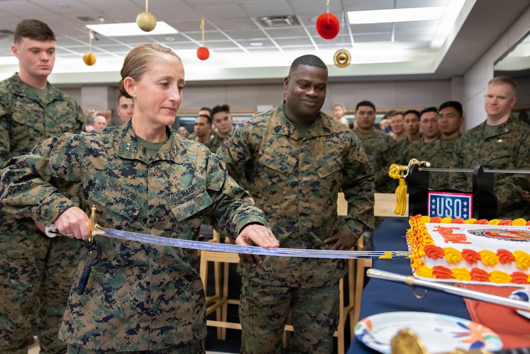 U.S. Marine Corps Maj. Gen. Valerie A. Jackson, commander of United States Marine Corps Forces, Korea, cuts the ceremonial cake using a Mameluke Sword during a U.S Marine Corps 250th birthday cake cutting ceremony at United Service Organizations on USAG Camp Humphrey’s, South Korea, Nov. 7, 2025. Founded on November 10, 1775, the United States Marine Corps has served our nation honorably in every clime and place for 250 years. Throughout 2025, Marines across the globe will celebrate the 250th birthday of the Corps, commemorating service, sacrifice, and priding themselves on living ‘Semper Fidelis’ or ‘Always Faithful’ to their nation and to each other. (U.S. Marine Corps photo by Cpl. Simon Saravia)