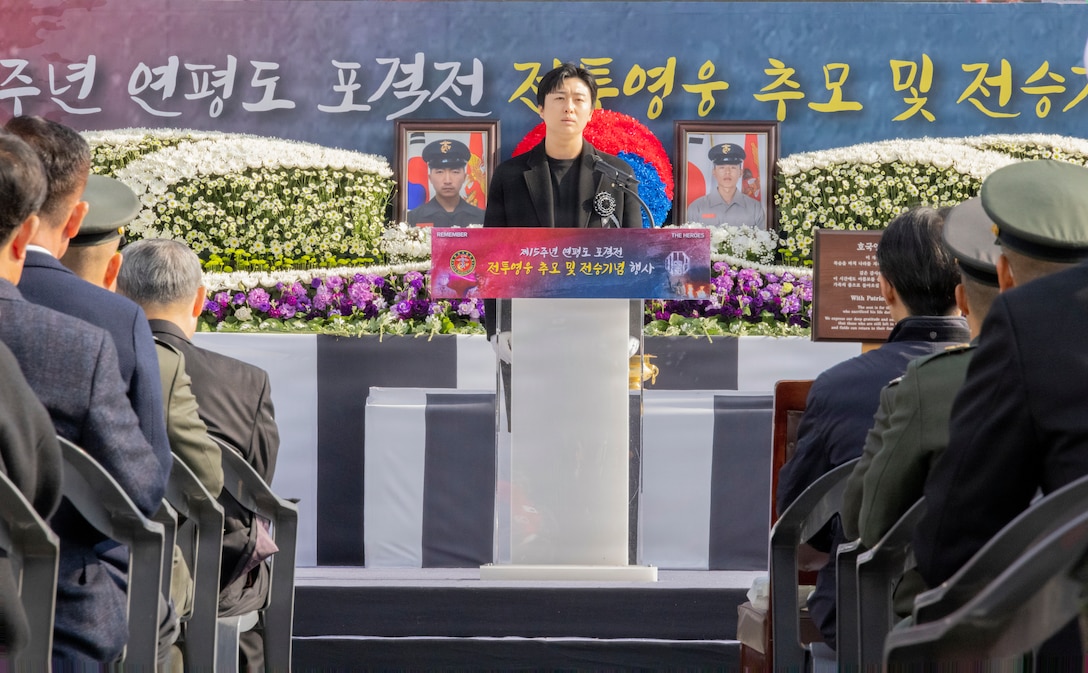 Republic of Korea Marine Corps Sgt. Lee Han, a veteran of the Bombardment of Yeonpyeong, delivers his remarks during a memorial ceremony for the 15th anniversary of the Bombardment of Yeonpyeong to honor the fallen ROK Marines and their unwavering actions in defense of their country, on Nov. 23, 2025. On Nov. 23, 2010, upon receiving North Korean artillery fire on Yeonpyeong Island, ROK Marine Corps forces responded swiftly and decisively with artillery counterfire to successfully defend the island in what is known today as the Bombardment of Yeonpyeong. (U.S. Marine Corps photos by Cpl. Simon Saravia)