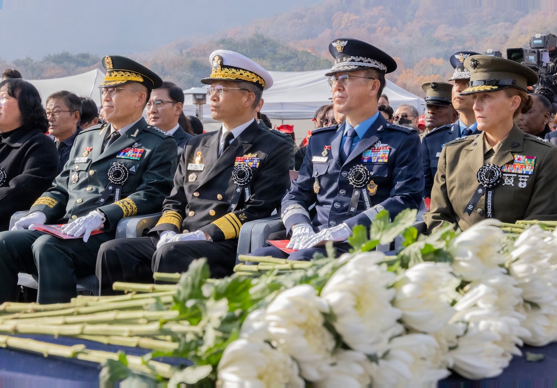 U.S. Marine Corps Maj. Gen. Valerie A. Jackson, commander of U.S. Marine Corps Forces, Korea, sits alongside Republic of Korea service chiefs during a memorial ceremony for the 15th anniversary of the Bombardment of Yeonpyeong to honor the fallen ROK Marines and their unwavering actions in defense of their country, on Nov. 23, 2025. On Nov. 23, 2010, upon receiving North Korean artillery fire on Yeonpyeong Island, ROK Marine Corps forces responded swiftly and decisively with artillery counterfire to successfully defend the island in what is known today as the Bombardment of Yeonpyeong. (U.S. Marine Corps photos by Cpl. Simon Saravia)