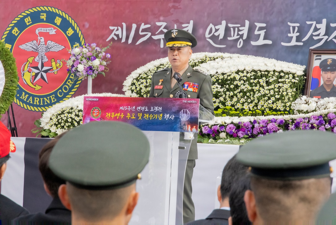Republic of Korea Marine Corps Lt. Gen. Ju Il-Suk, Commandant of the Republic of Korea Marine Corps, delivers his condolences and remarks during a memorial ceremony for the 15th anniversary of the Bombardment of Yeonpyeong to honor the fallen ROK Marines and their unwavering actions in defense of their country, on Nov. 23, 2025. On Nov. 23, 2010, upon receiving North Korean artillery fire on Yeonpyeong Island, ROK Marine Corps forces responded swiftly and decisively with artillery counterfire to successfully defend the island in what is known today as the Bombardment of Yeonpyeong. (U.S. Marine Corps photos by Cpl. Simon Saravia)