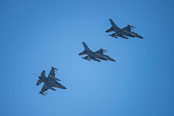 U.S. Air Force F-16 Fighting Falcons assigned to the 35th Fighter Squadron break formation during Freedom Flag 25-2 at Kunsan Air Base, Republic of Korea, Nov. 4, 2025.