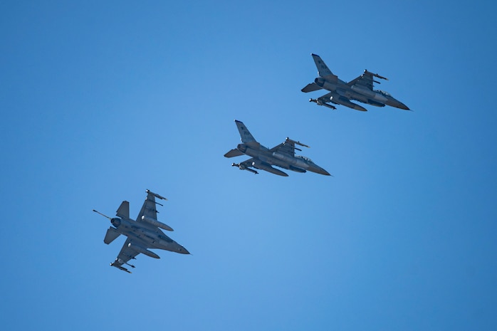 U.S. Air Force F-16 Fighting Falcons assigned to the 35th Fighter Squadron break formation during Freedom Flag 25-2 at Kunsan Air Base, Republic of Korea, Nov. 4, 2025.