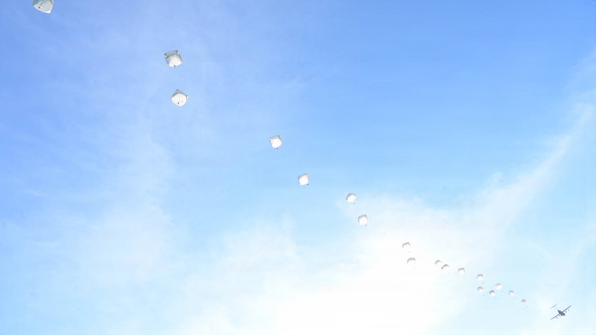 U.S. Air Force aircraft delivers parachuted soldiers.