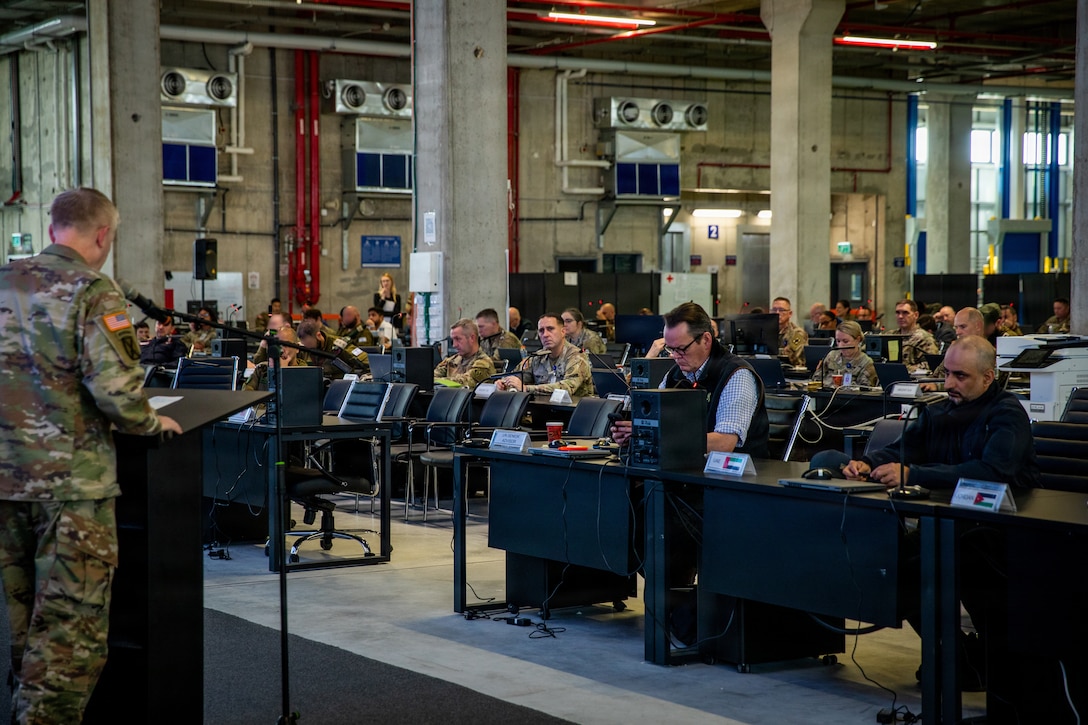 The Commander of U.S. Army Central, Lt. Gen. Patrick Frank speaks at the morning update brief inside the Civil-Military Coordination Center (CMCC) on Nov. 29, 2025, in Israel. The CMCC is designed to help facilitate the flow of humanitarian, logistical, and security assistance into Gaza and monitors the implementation of the ceasefire agreement and transition to civilian governance. (U.S. Army photo by Sgt. Kathryn Skonning.)