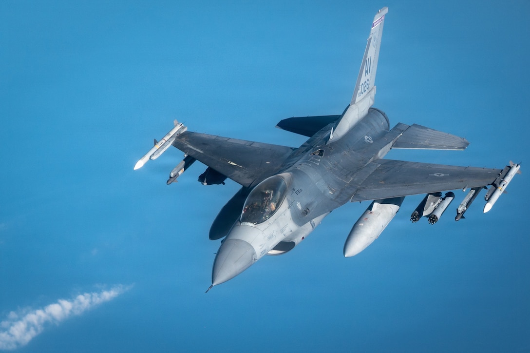 A U.S. Air Force F-16C Fighting Falcon flies during a mission providing defensive counter-air for U.S. Naval Forces Central Command operations in the U.S. Central Command area of responsibility, Nov. 18, 2025. The F-16C enables the U.S. military to achieve air superiority, support joint sea power, and maintain supply lines with overwhelming combat power. (U.S. Air Force photo by Senior Airman Jared Brewer)