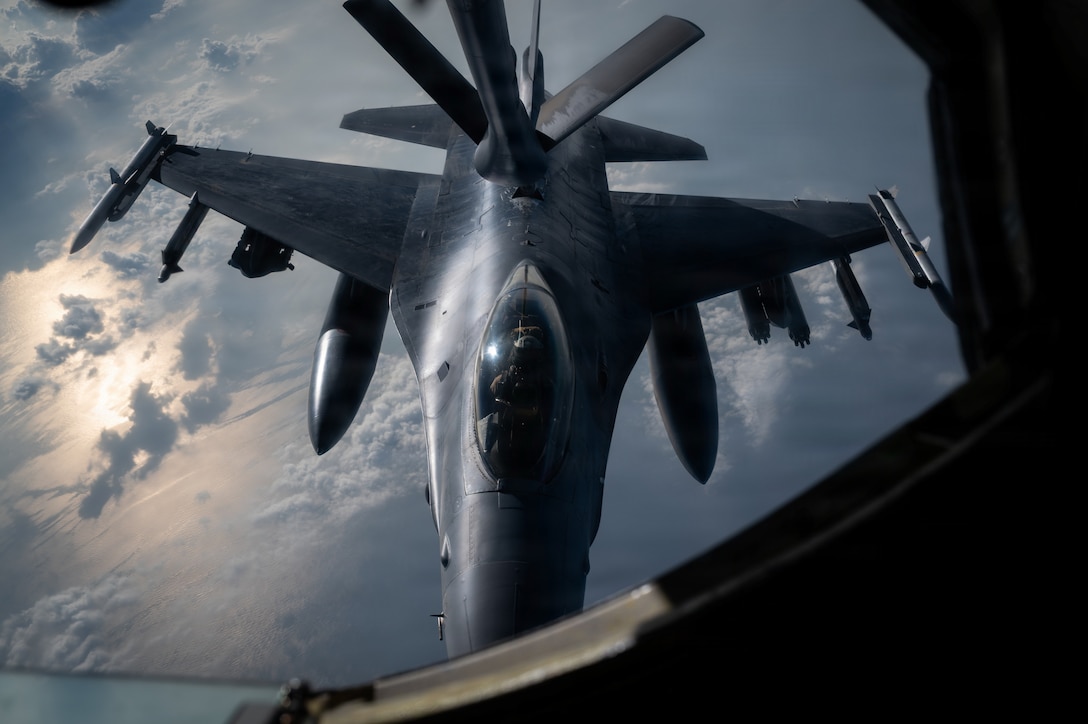 A U.S. Air Force F-16C Fighting Falcon flies during a mission providing defensive counter-air for U.S. Naval Forces Central Command operations in the U.S. Central Command area of responsibility, Nov. 18, 2025. The F-16C enables the U.S. military to achieve air superiority, support joint sea power, and maintain supply lines with overwhelming combat power. (U.S. Air Force photo by Senior Airman Jared Brewer)