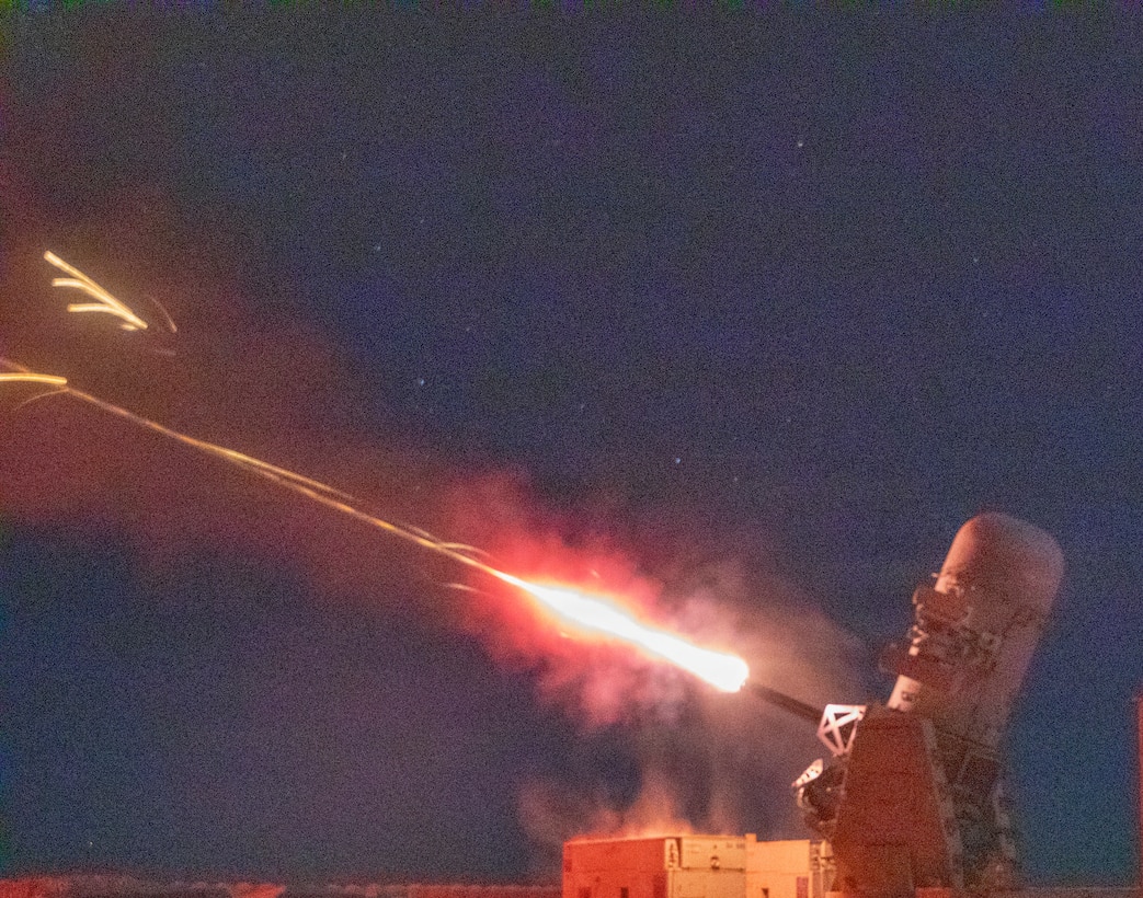A Counter Rocket, Artillery and Mortar (C-RAM) weapons system test fires in the U.S. Central Command area of operation, Oct. 2, 2025. The C-RAM weapon system is used to counter enemy unmanned aerial systems and incoming projectiles. (U.S. Army Photo by Sgt. Xander Walter)