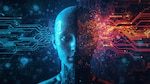 Digital artwork of a human face split into blue and red circuitry, surrounded by glowing data lines representing human–AI interaction.