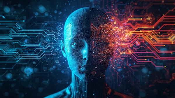 A stylized, futuristic human face rendered in blue and red digital circuits. The left side of the face glows blue with circuit lines, while the right side has warm orange and red colors with sparks of light. Surrounding the figure is a network of data pathways, symbolizing the intersection of human cognition and artificial intelligence.
