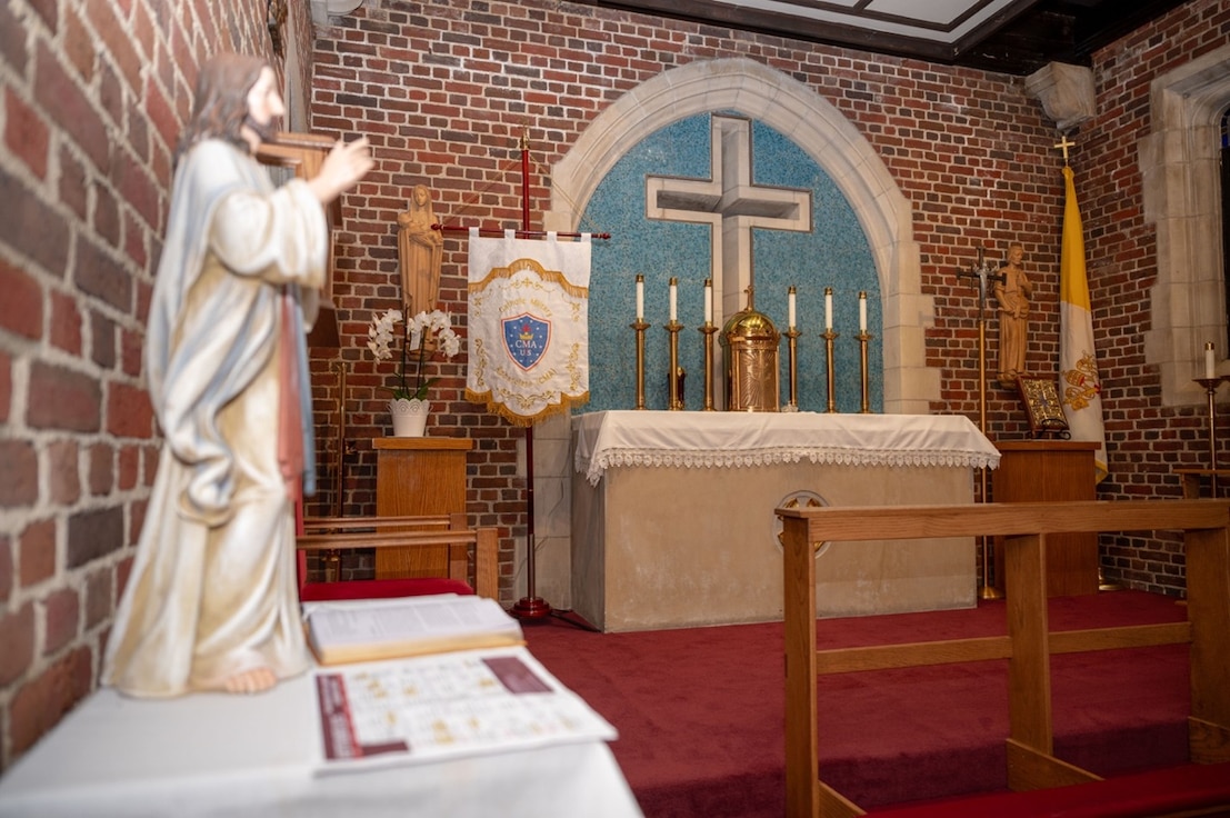 A photo of an alter in the Blessed Sacrament Catholic Chapel. (U.S. Air Force Photo by Airman 1st Class Donnell Ramsey)
