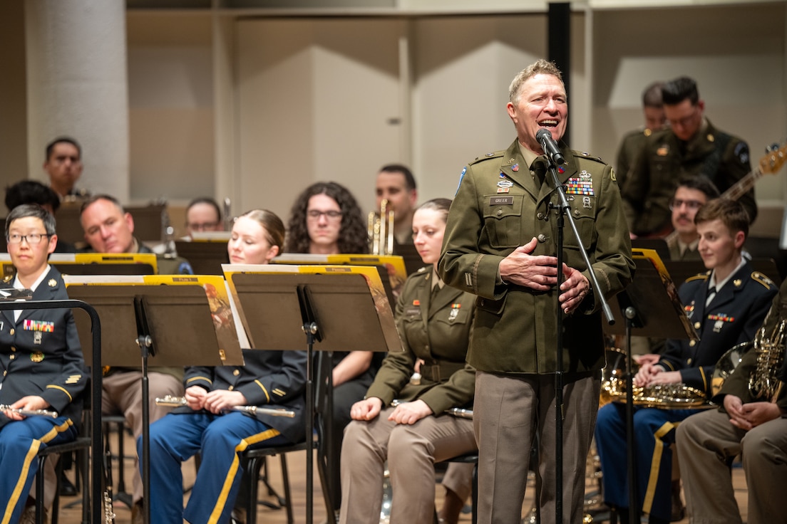 U.S. Army Warrant Officer 1 Craig Morgan Greer performs alongside fellow Army Reserve band members during a collaborative concert at Boston University in Boston, Massachusetts, April 19, 2025. The performance was part of the 250th Army Band Tour and celebrated the U.S. Army’s 250th birthday, highlighting the service’s legacy through music. (U.S. Army Reserve photo by Staff Sgt. David Cook)