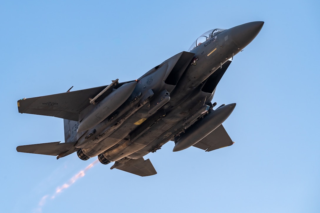 A U.S. Air Force F-15E Strike Eagle aircraft soars through the air during exercise Marauder Shield 26.1 within the U.S. Central Command area of responsibility, Nov. 11, 2025. Marauder Shield 26.1 emphasized a coordinated response to the growing threat of unmanned aerial systems. The exercise featured advanced counter-Unmanned Aircraft Systems integration between the U.S. and Kuwaiti forces, bolstering regional security and demonstrating a commitment to collaborative defense.

 (U.S. Air Force photo by Staff Sgt. Tylin Rust)
