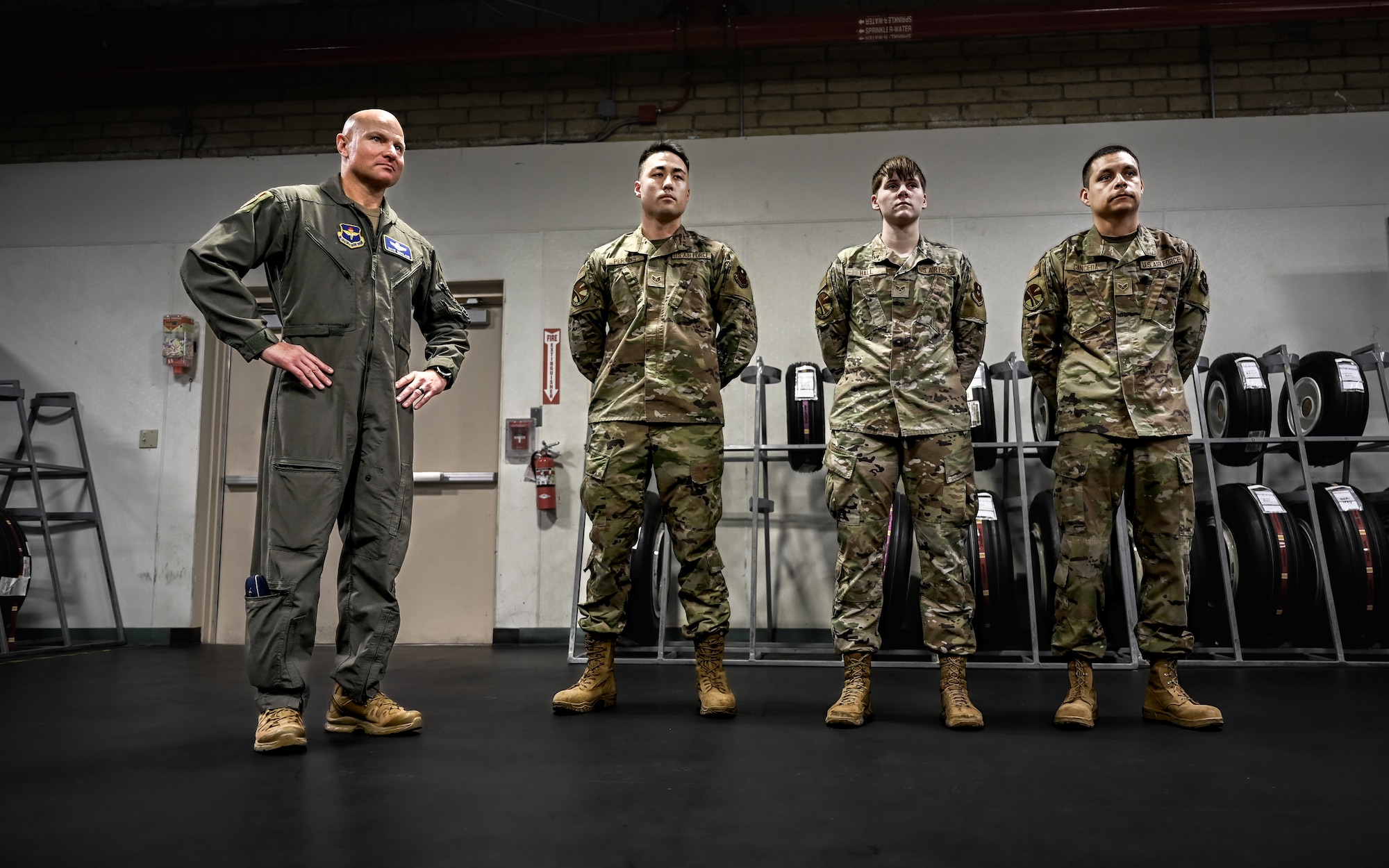 U.S. Air Force Brig. Gen. David Berkland, 56th Fighter Wing commander visits wheel and tire Airmen, assigned to the 56th Aircraft Maintenance Squadron