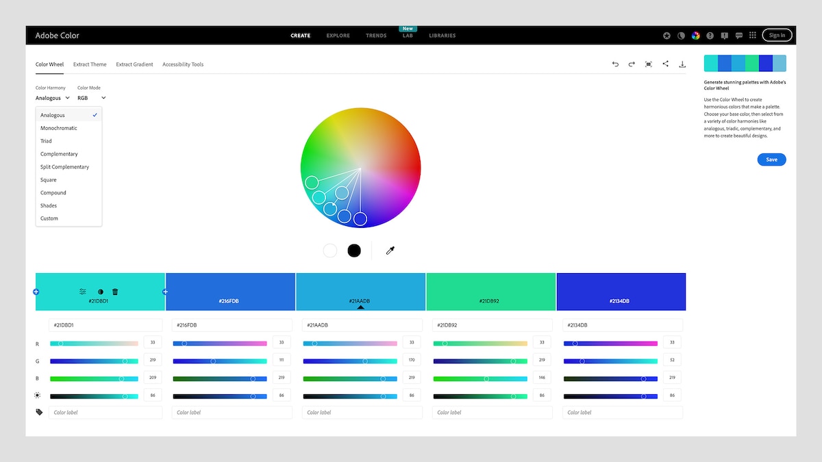 The Adobe color wheel is centered with various RGB Color Modes and their adjustable scales below.