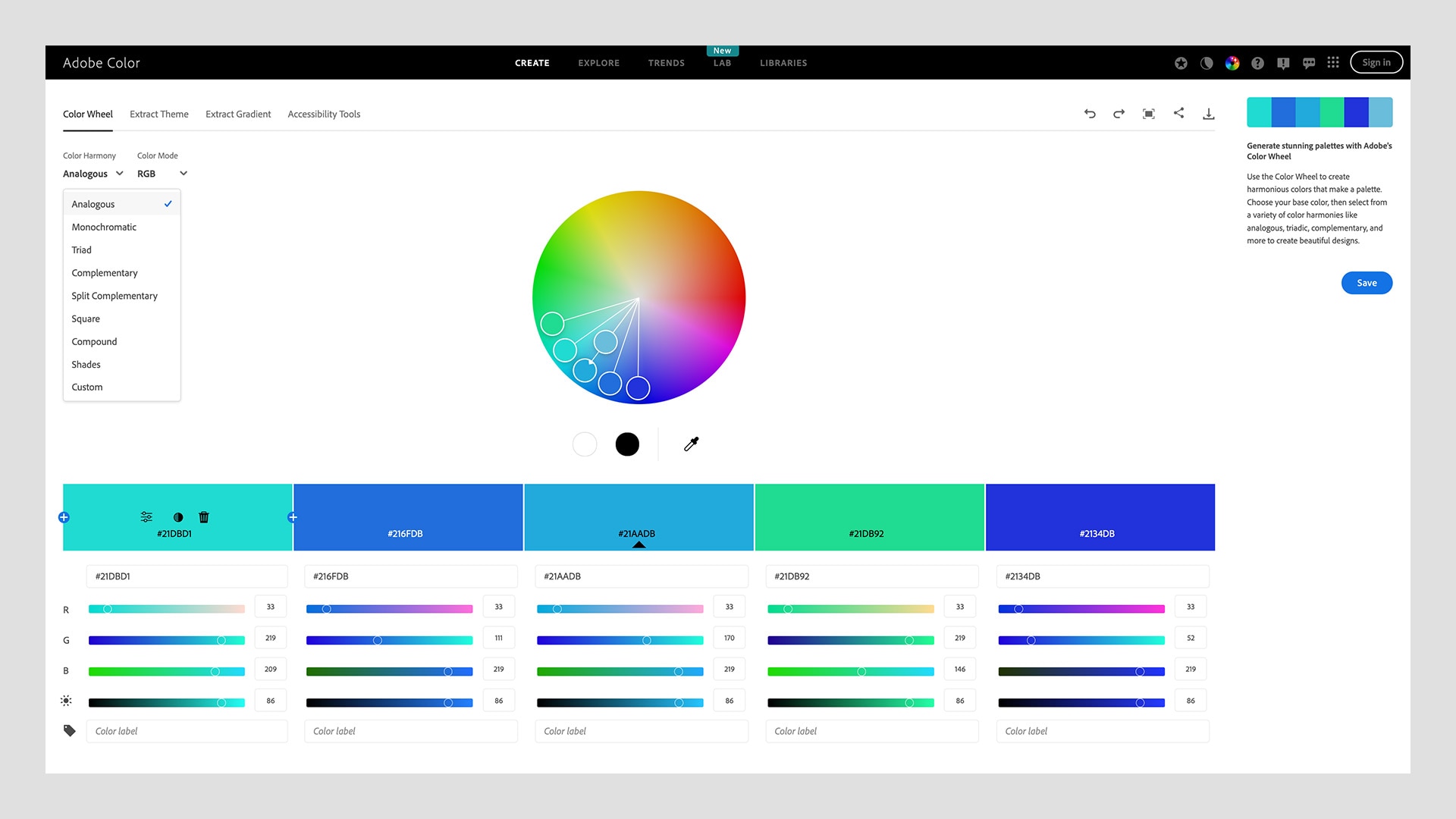 The Adobe color wheel is centered with various RGB Color Modes and their adjustable scales below.