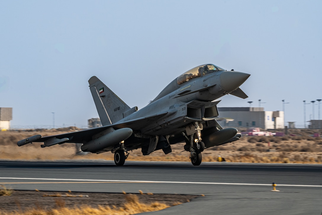 A Kuwaiti Eurofighter Typhoon lands on the flight line during exercise Marauder Shield 26.1 within the U.S. Central Command area of responsibility, Nov. 11, 2025.

A key element of the exercise was the sharpening of combined fighter capabilities between the U.S. and Kuwait Air Forces. (U.S. Air Force photo by Staff Sgt. Tylin Rust)