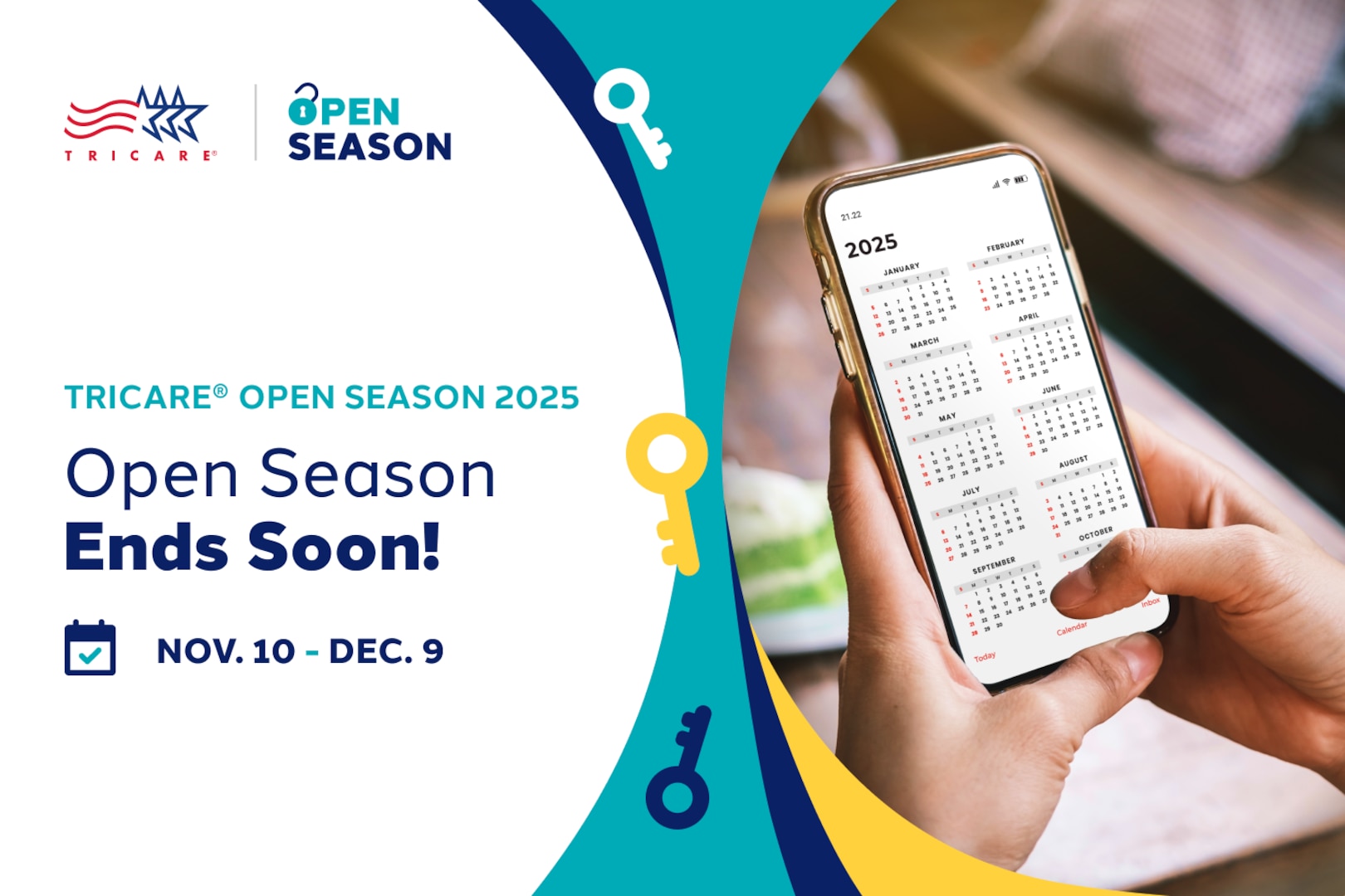 TRICARE Open Season 2025 Ends Soon! Nov. 10-Dec. 9; Calendar on a phone screen