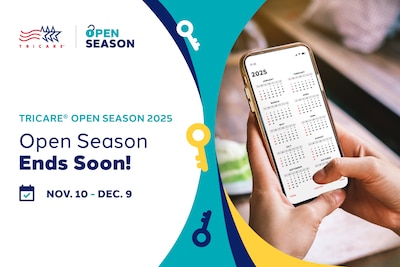 TRICARE Open Season 2025 Ends Soon! Nov. 10-Dec. 9; Calendar on a phone screen