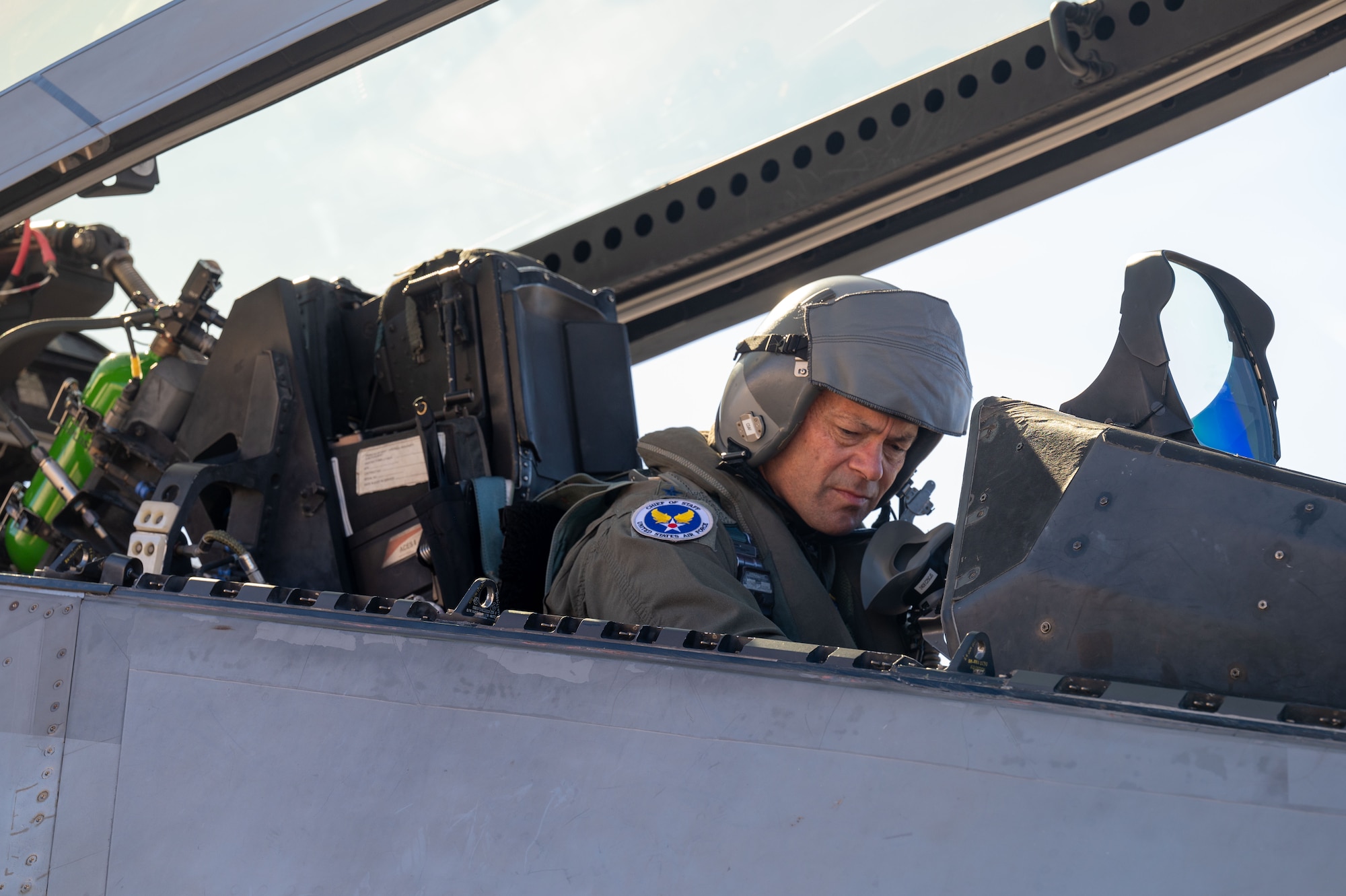   CSAF conducts pre-flight checks in an F-22 Raptor.