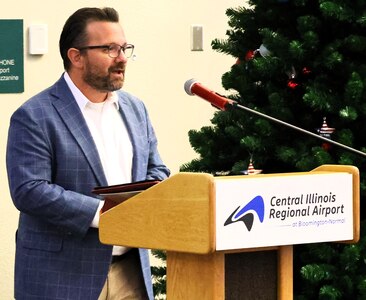Central Illinois Regional Airport Deputy Executive Director Derek Snyder welcomes the Gold Star Families to the airport.