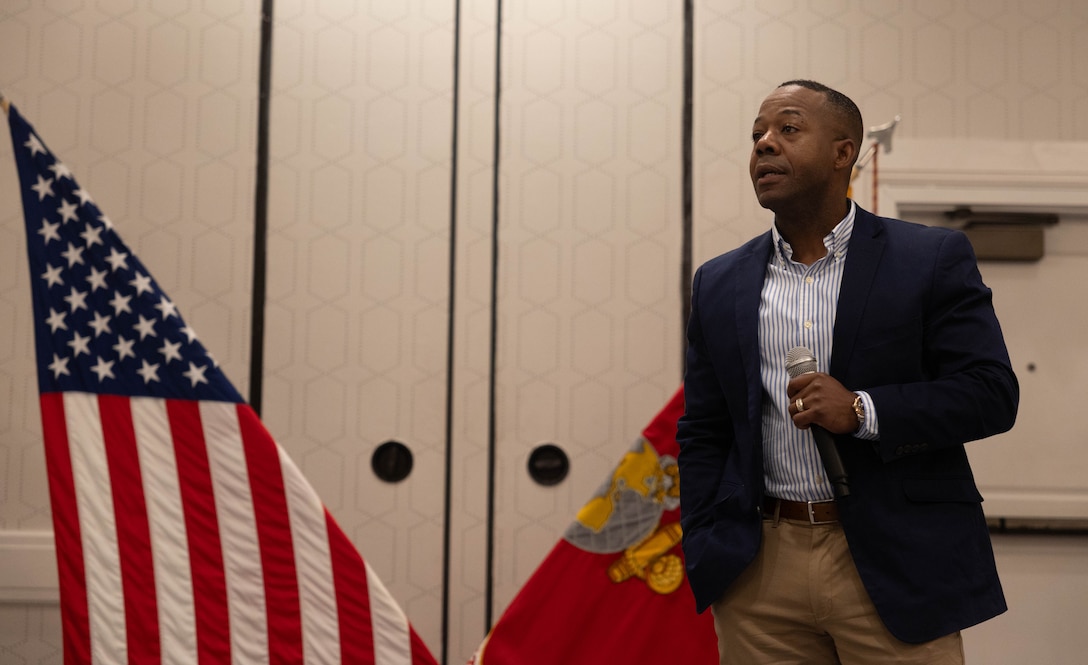 U.S. Marine Corps Sgt. Maj. Russell D. Boley, command senior enlisted leader, Force Headquarters Group, Marine Forces Reserve, delivers remarks during a town hall meeting with the Marine Innovation Unit in White Plains, New York, Nov. 20, 2025. During the town hall, Brig. Gen. David K. Winnacker and Boley delivered remarks and answered questions from the Marine Innovation Unit. Established in 2022, the Marine Innovation Unit leverages the talent of the Marine Corps Reserve to accelerate the adoption of advanced capabilities, transform Naval Service capacity for technology employment, and retain and invest in Total Force human capital. (U.S. Marine Corps photo by Cpl. Kanoa Thomas)
