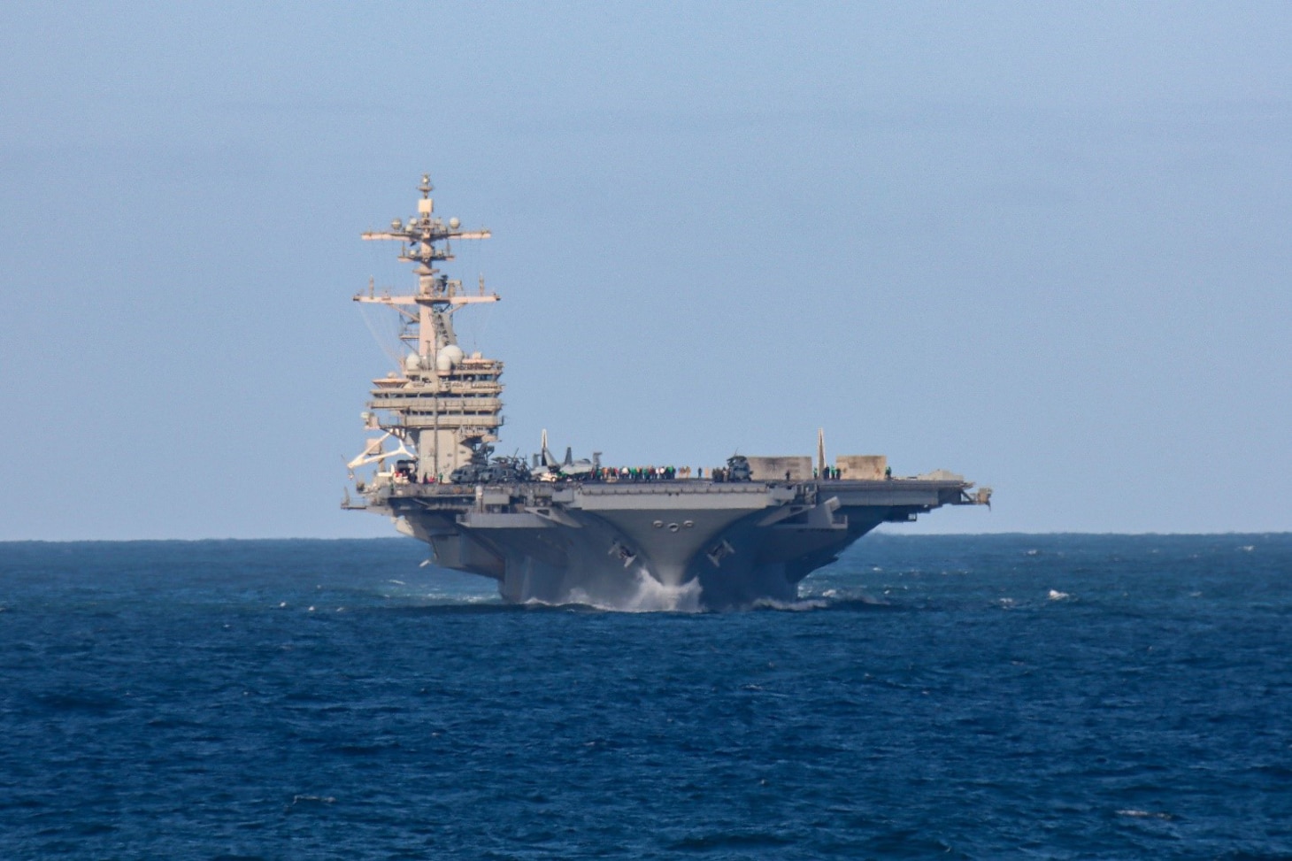 Nimitz-class Aircraft Carrier USS George H.W. Bush (CVN 77), steams ahead towards a formation while underway as part of the Titans of the Sea Presidential Review. The Titans of the Sea Presidential Review is one of many events taking place throughout the country to showcase maritime capabilities as part of the U.S. Navy’s 250th birthday. America is a maritime nation. For 250 years, America’s Warfighting Navy has sailed the globe in defense of freedom.