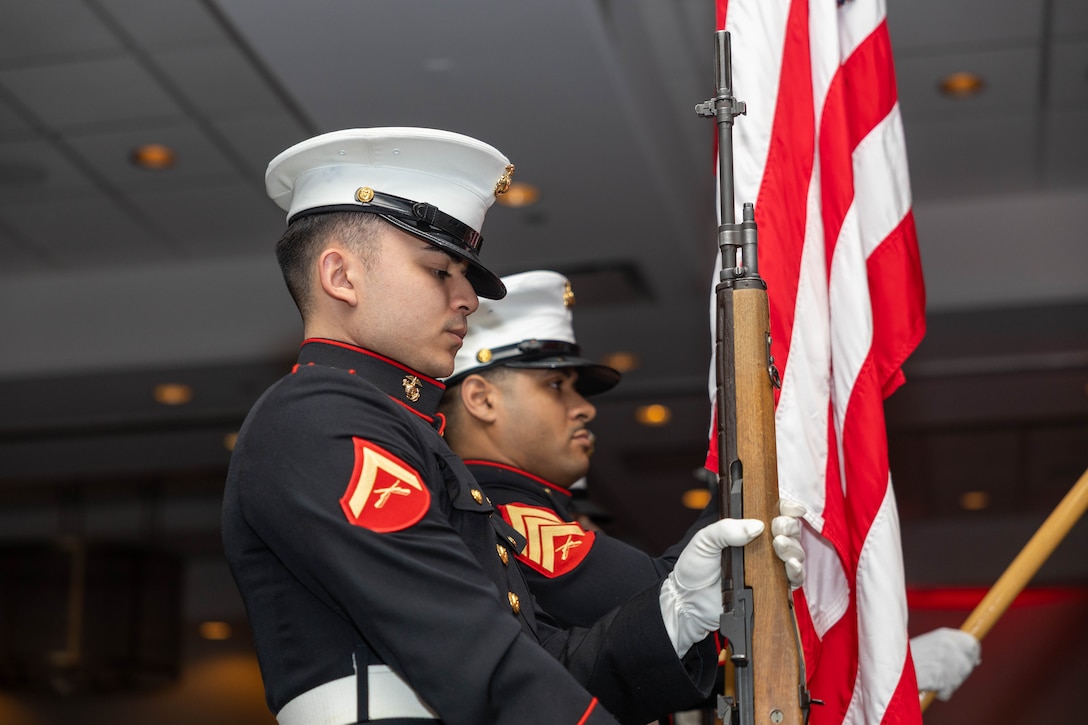U.S. Marines assigned to the Marine Innovation Unit, Force Headquarters Group, Marine Forces Reserve, present the colors during the unit’s 250th Marine Corps Birthday Ball in White Plains, New York, Nov. 21, 2025. The birthday ball took place at the conclusion of MIU’s annual week-long training period, establishing objectives and plans for the coming year. Established in 2022, the Marine Innovation Unit leverages the talent of the Marine Corps Reserve to accelerate the adoption of advanced capabilities, transform Naval Service capacity for technology employment, and retain and invest in Total Force human capital. (U.S. Marine Corps photo by Cpl. Kanoa Thomas)