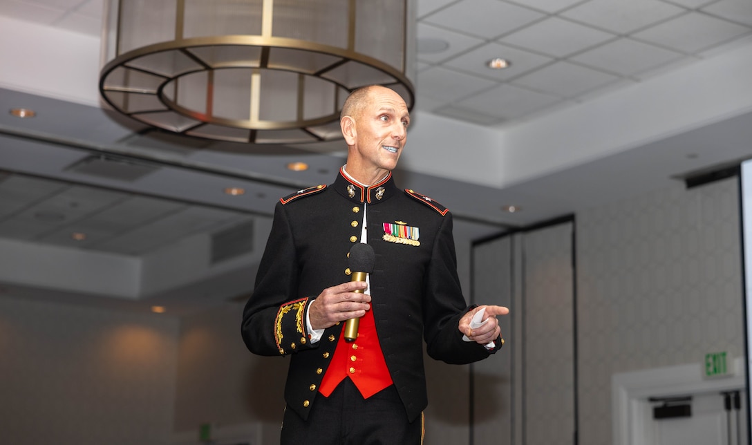 U.S. Marine Corps Brig. Gen. David K. Winnacker, commanding general, Force Headquarters Group, Marine Forces Reserve, delivers remarks during the Marine Innovation Unit’s 250th Marine Corps Birthday Ball in White Plains, New York, Nov. 21, 2025. The birthday ball took place at the conclusion of MIU’s annual week-long training period, establishing objectives and plans for the coming year. Established in 2022, the Marine Innovation Unit leverages the talent of the Marine Corps Reserve to accelerate the adoption of advanced capabilities, transform Naval Service capacity for technology employment, and retain and invest in Total Force human capital. (U.S. Marine Corps photo by Cpl. Kanoa Thomas)