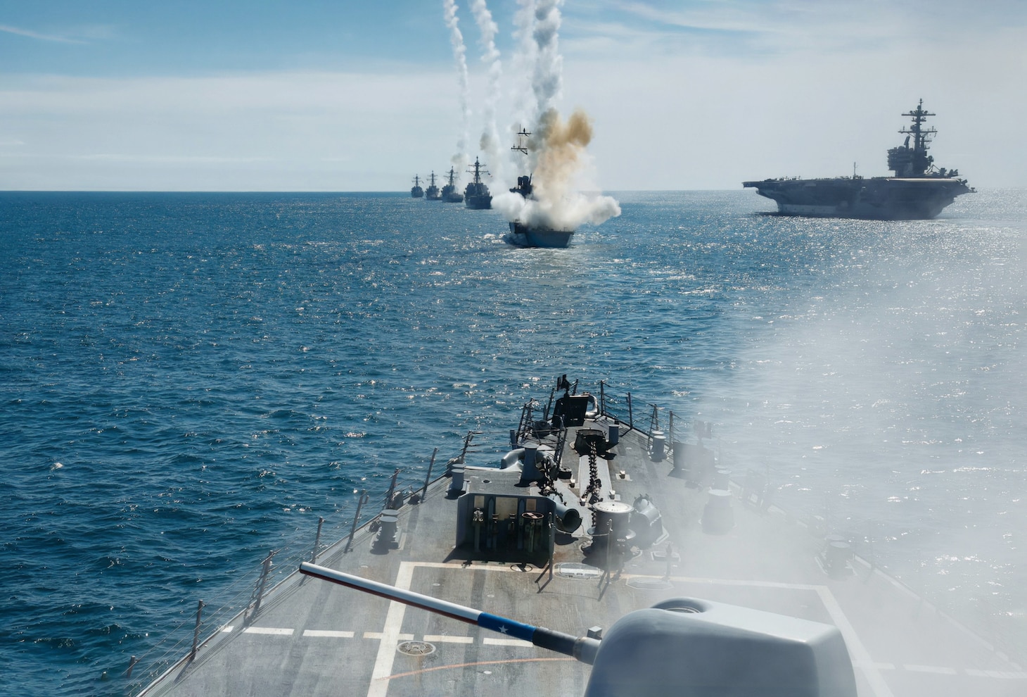 Arleigh Burke-class guided-missile destroyers fire type 2 standard missiles while underway as part of the Titans of the Sea Presidential Review. The Titans of the Sea Presidential Review is one of many events taking place throughout the country to showcase maritime capabilities as part of the U.S. Navy’s 250th birthday. America is a maritime nation. For 250 years, America’s Warfighting Navy has sailed the globe in defense of freedom.