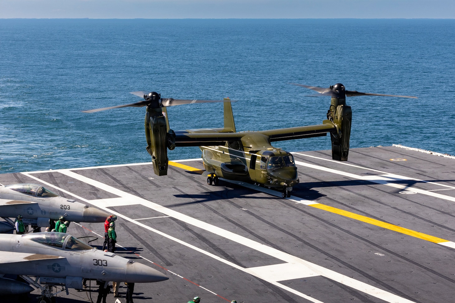 An MV-22B Osprey attached to the “Nighthawks” of Marine Helicopter Squadron One (HMX-1) lands on the flight deck aboard the Nimitz-class aircraft carrier USS George H.W. Bush (CVN 77) in preparation for the Titans of the Sea Presidential Review. The Titans of the Sea Presidential Review is one of many events taking place throughout the country to showcase maritime capabilities as part of the U.S. Navy’s 250th birthday. America is a maritime nation. For 250 years, America’s Warfighting Navy has sailed the globe in defense of freedom.