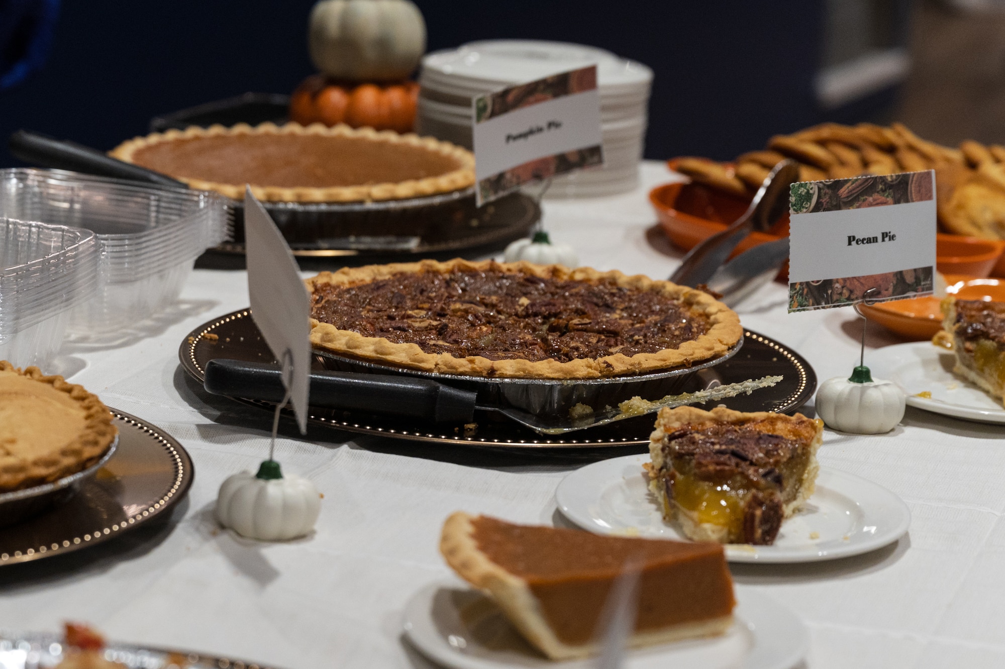 Pies prepared by the 49th Force Support Squadron sustainment services flight are on display during Thanksgiving lunch at the Shifting Sands Dining Facility at Holloman Air Force Base, Nov. 27, 2025.